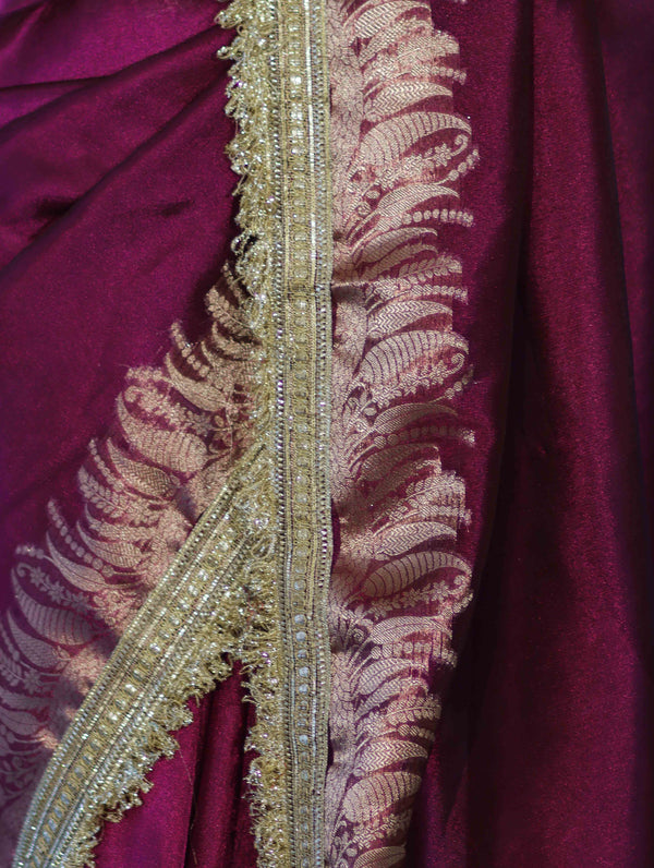 Banarasee Handloom Plain Tissue Saree With Zari Border & Lace-Purple