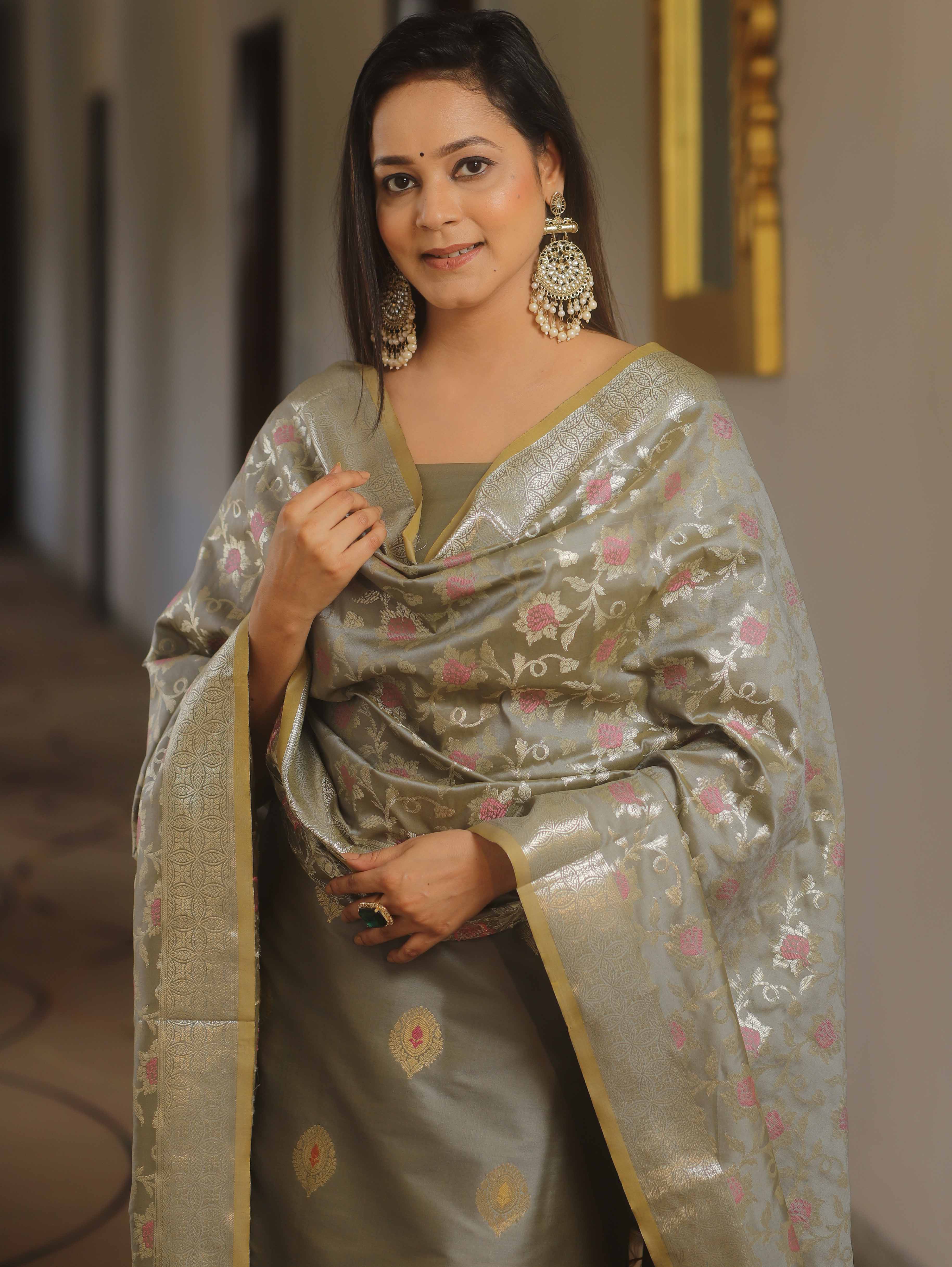 Banarasee Salwar Kameez Semi Katan Silk Fabric With Dupatta-Grey