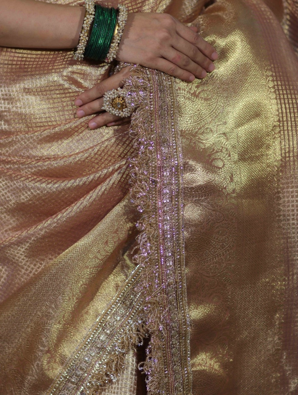 Banarasee Handwoven Tissue Saree With Zari Checks Design Broad Border & Lace-Peachy Pink