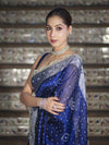 Banarasee Tissue Hand Embroidered Mirror Work Saree With Pearl Motifs & Swarovski Work-Blue