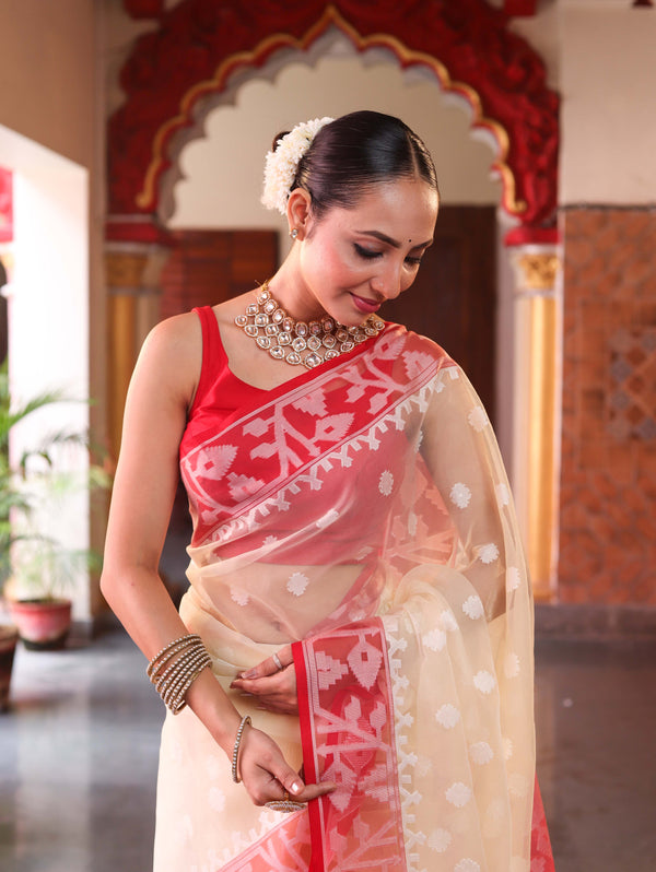 Banarasee Organza Mix Saree With Silver Zari Buti Design & Contrast Border-Cream & Red