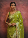 Banarasee Handwoven Semi Silk Saree With Zari Border & Lace-Henna Green