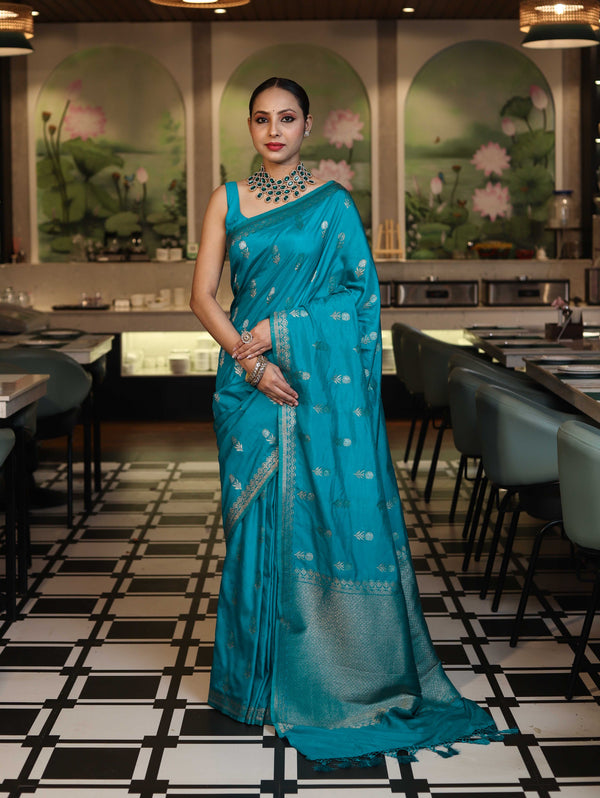 Banarasee Handloom Semi Silk Saree With Sona Rupa Zari Work & Border-Turquoise Blue