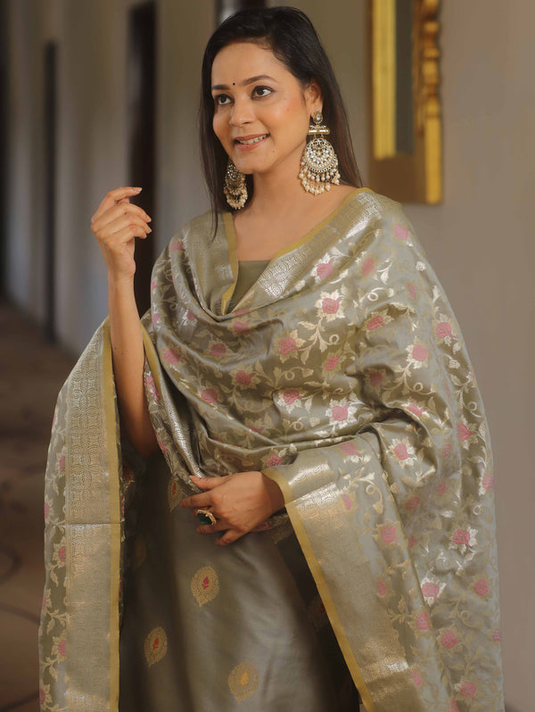 Banarasee Salwar Kameez Semi Katan Silk Fabric With Dupatta-Grey