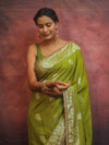 Banarasee Handwoven Semi Silk Saree With Zari Border & Lace-Henna Green