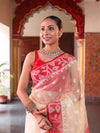 Banarasee Organza Mix Saree With Silver Zari Buti Design & Contrast Border-Cream & Red