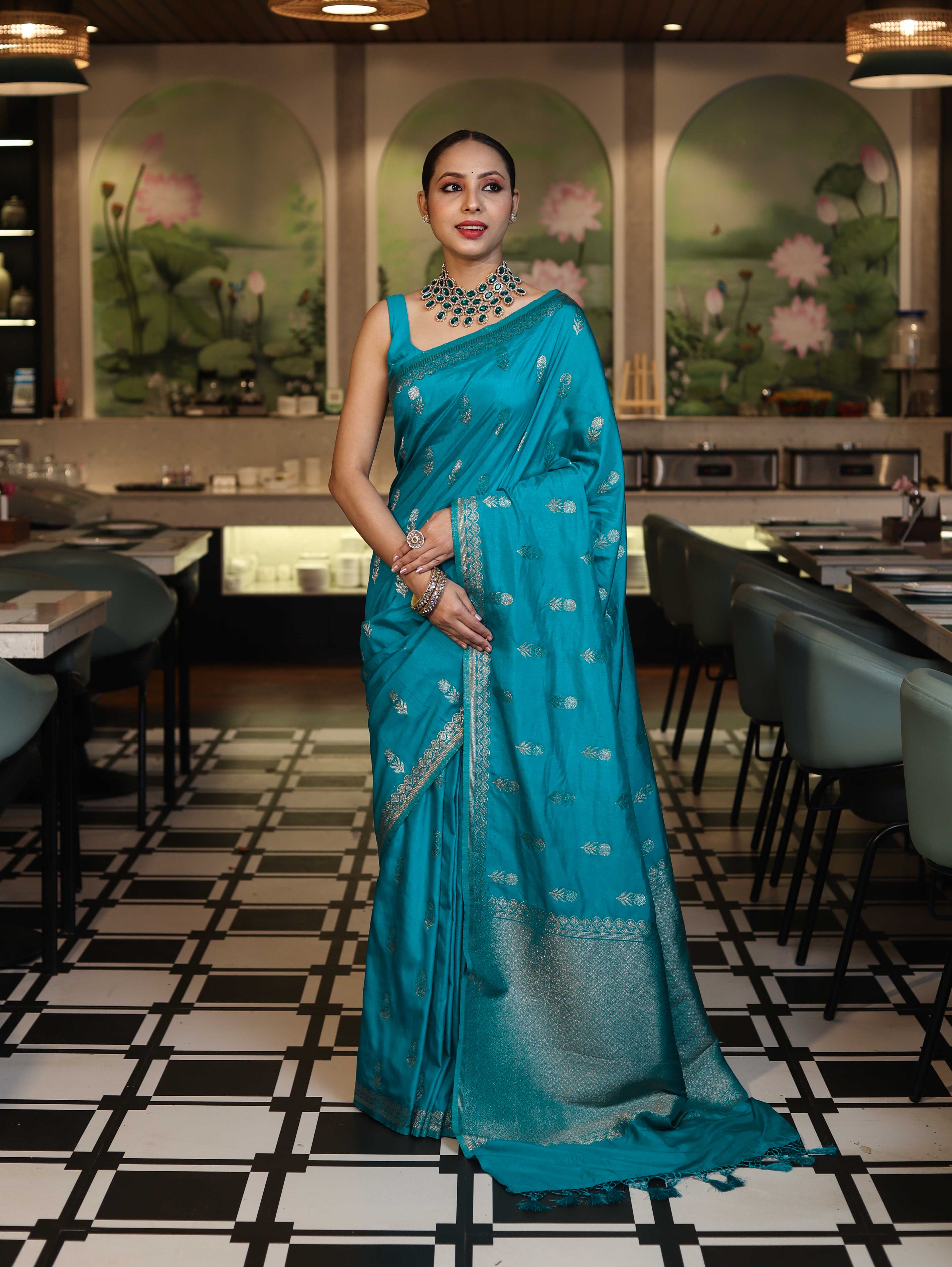 Banarasee Handloom Semi Silk Saree With Sona Rupa Zari Work & Border-Turquoise Blue