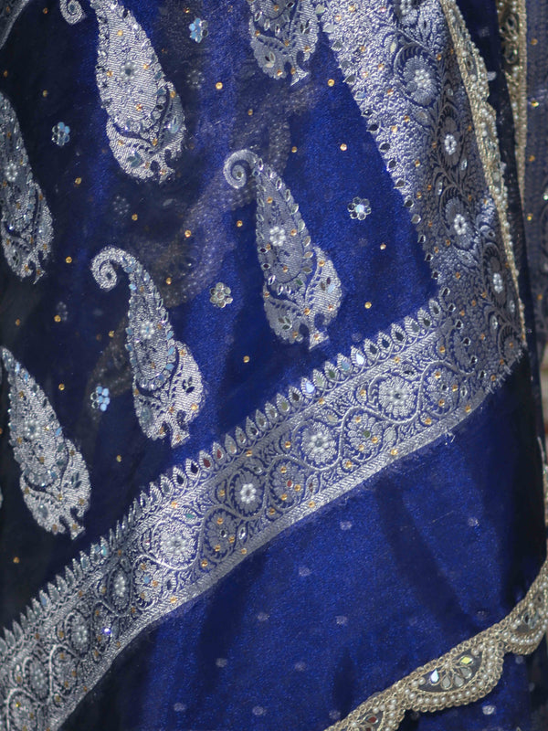 Banarasee Tissue Hand Embroidered Mirror Work Saree With Pearl Motifs & Swarovski Work-Blue
