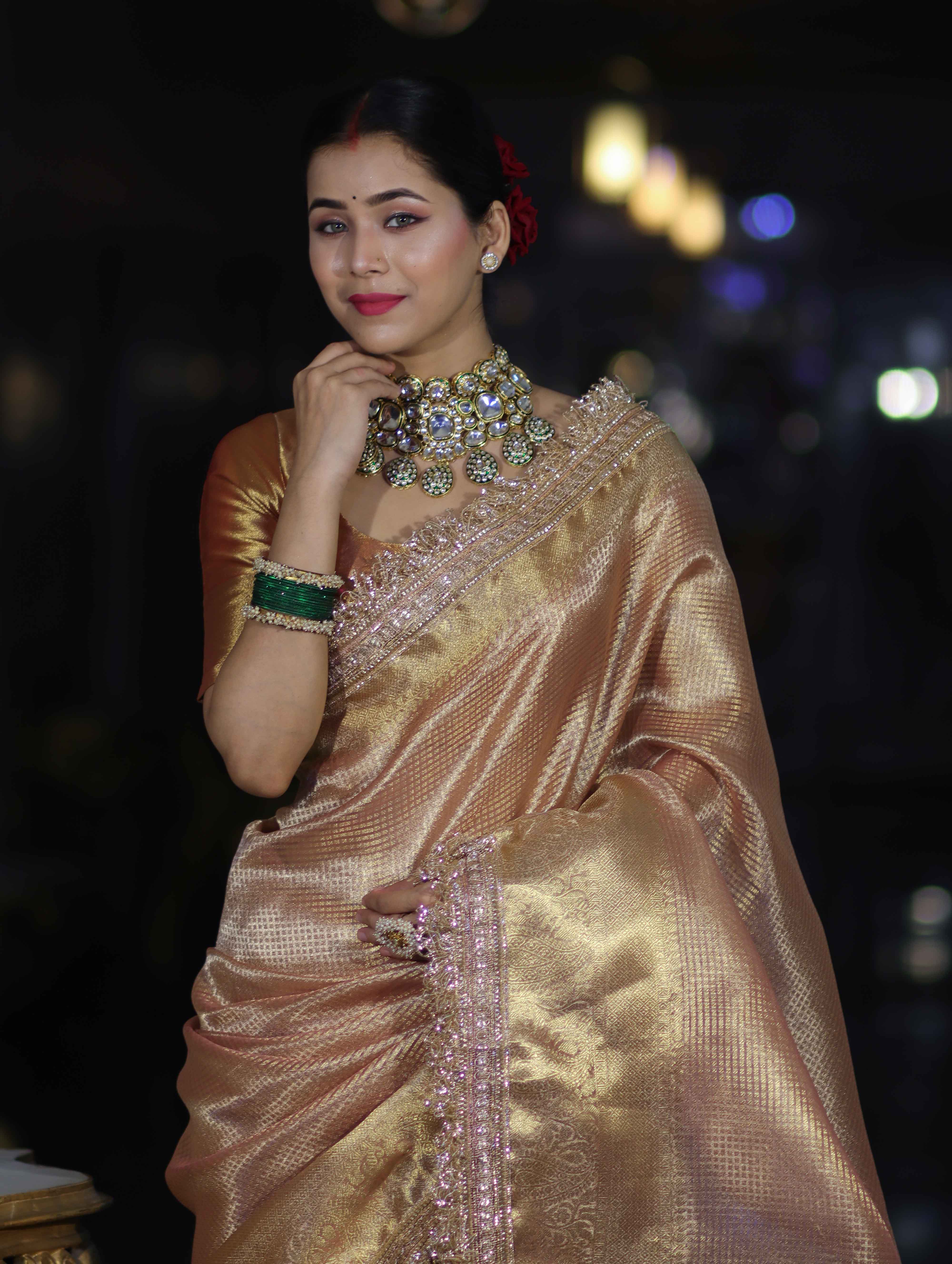 Banarasee Handwoven Tissue Saree With Zari Checks Design Broad Border & Lace-Peachy Pink