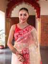 Banarasee Organza Mix Saree With Silver Zari Buti Design & Contrast Border-Cream & Red