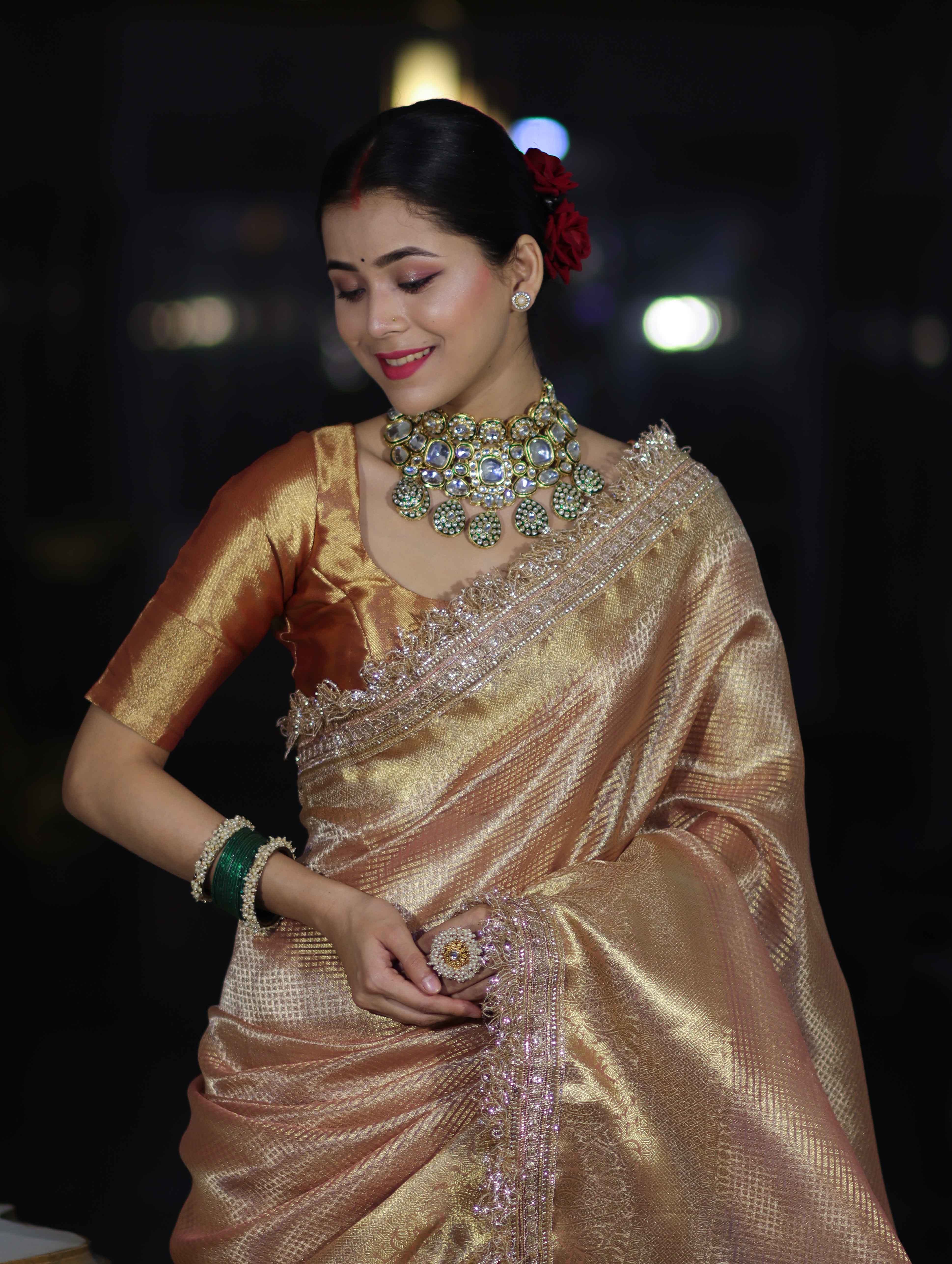 Banarasee Handwoven Tissue Saree With Zari Checks Design Broad Border & Lace-Peachy Pink