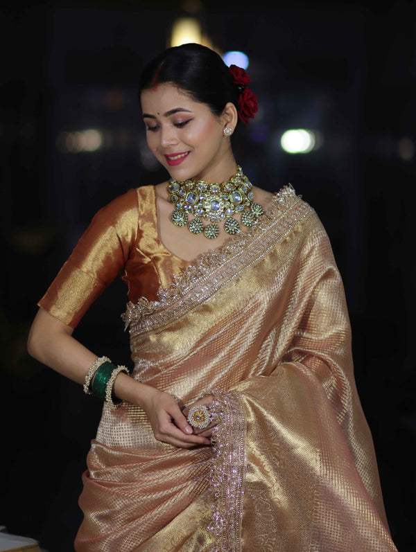 Banarasee Handwoven Tissue Saree With Zari Checks Design Broad Border & Lace-Peachy Pink