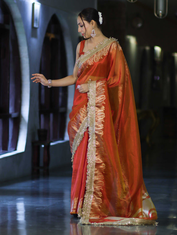 Banarasee Handloom Plain Tissue Saree With Zari Border & Lace-Rust