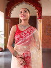 Banarasee Organza Mix Saree With Silver Zari Buti Design & Contrast Border-Cream & Red