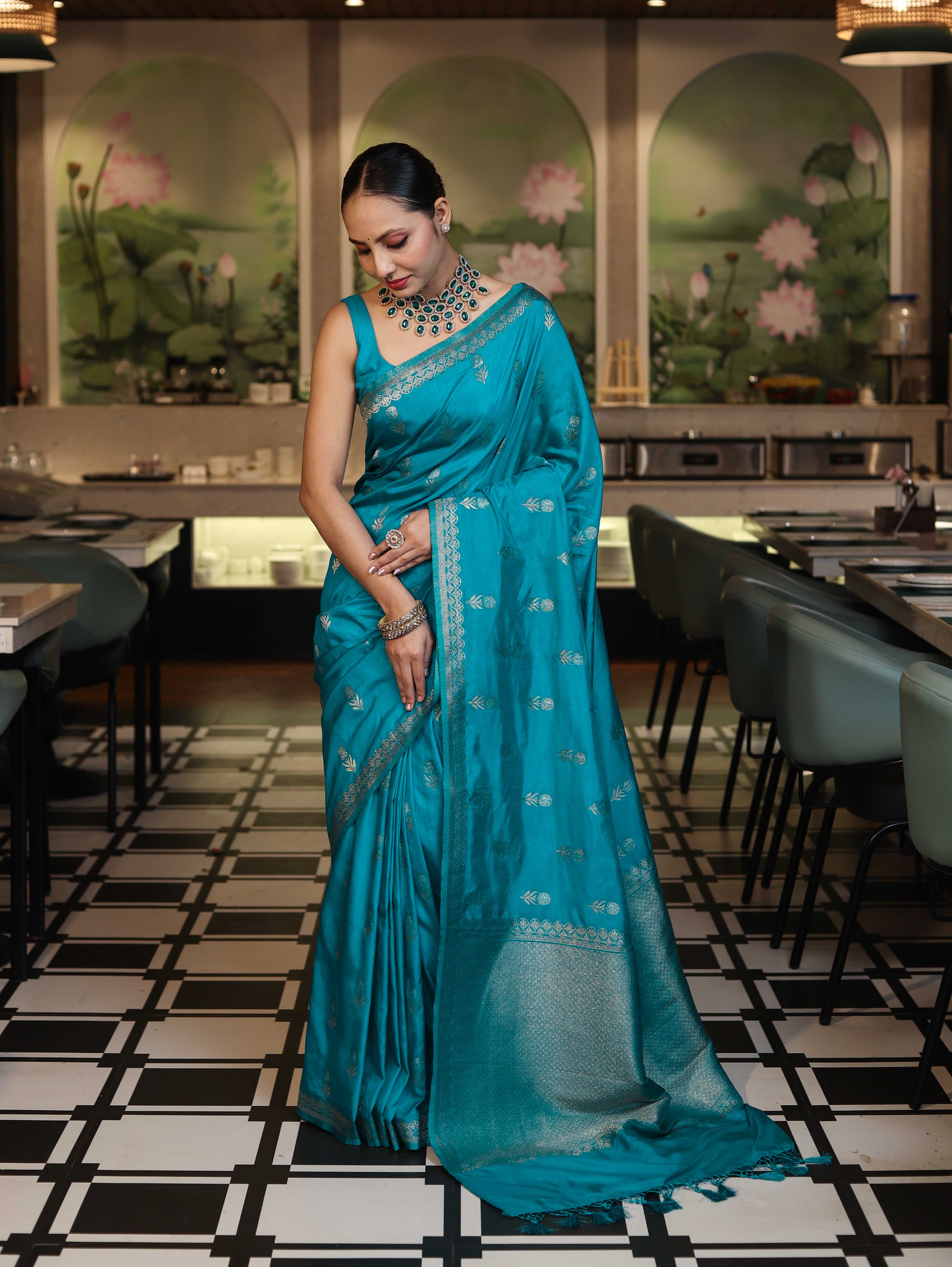 Banarasee Handloom Semi Silk Saree With Sona Rupa Zari Work & Border-Turquoise Blue