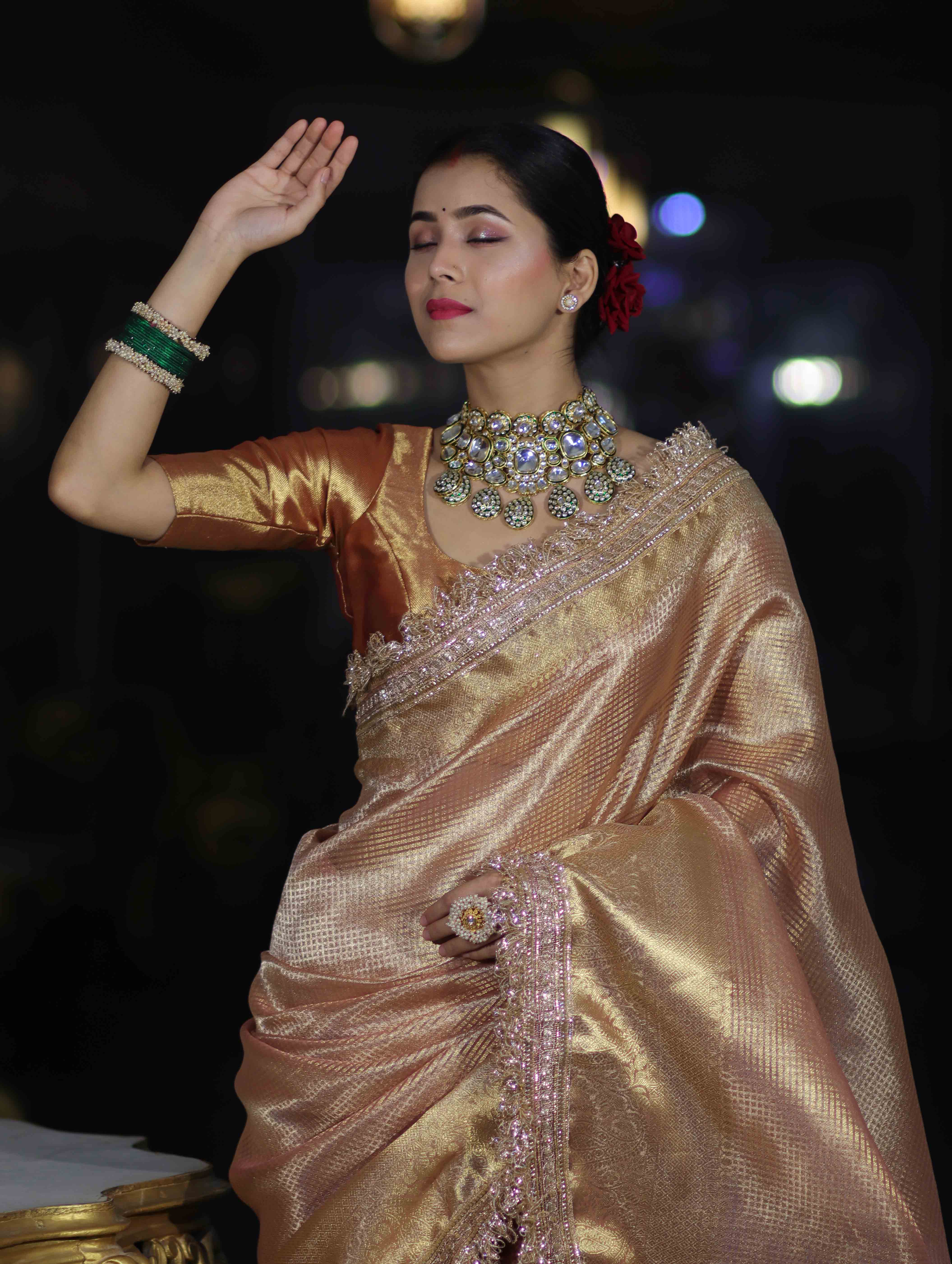 Banarasee Handwoven Tissue Saree With Zari Checks Design Broad Border & Lace-Peachy Pink