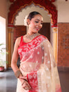 Banarasee Organza Mix Saree With Silver Zari Buti Design & Contrast Border-Cream & Red