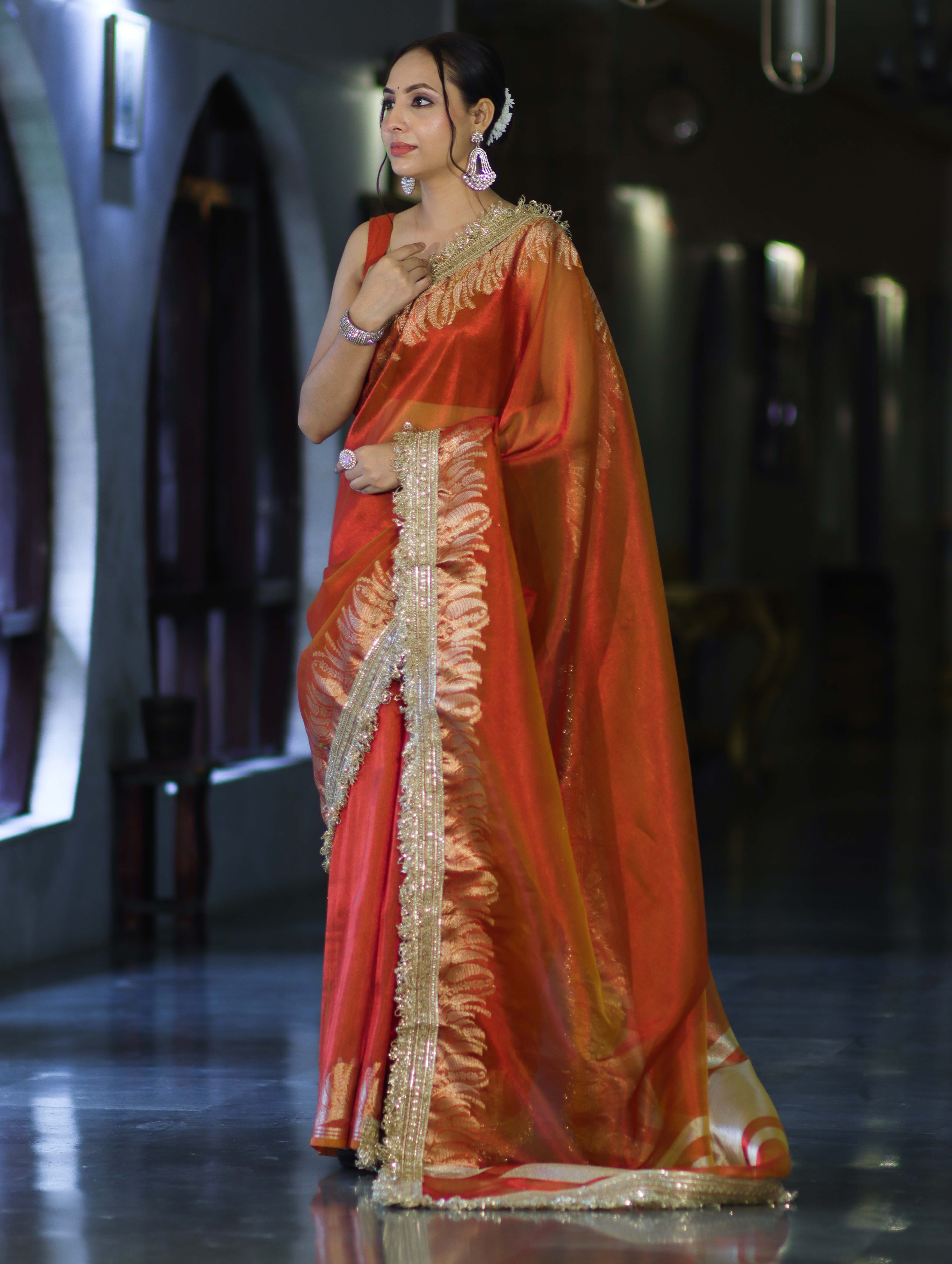 Banarasee Handloom Plain Tissue Saree With Zari Border & Lace-Rust