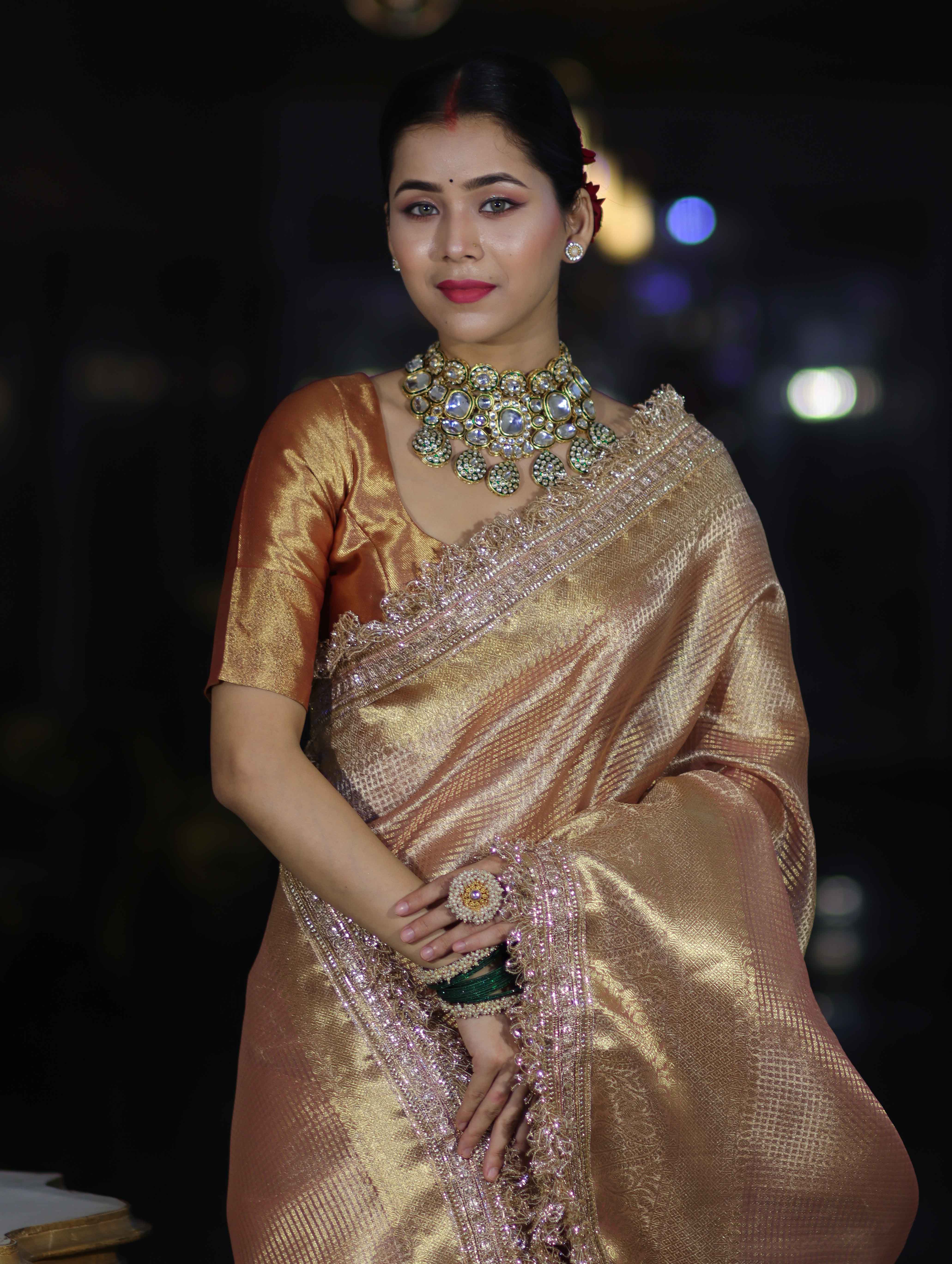 Banarasee Handwoven Tissue Saree With Zari Checks Design Broad Border & Lace-Peachy Pink