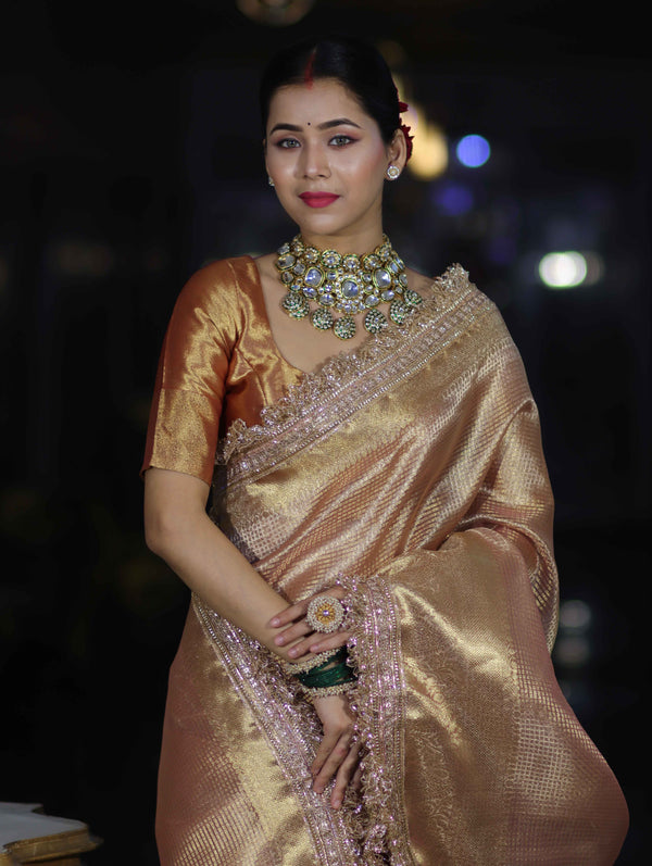 Banarasee Handwoven Tissue Saree With Zari Checks Design Broad Border & Lace-Peachy Pink