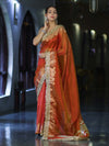 Banarasee Handloom Plain Tissue Saree With Zari Border & Lace-Rust