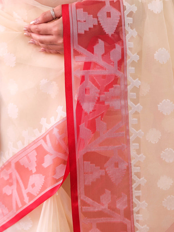 Banarasee Organza Mix Saree With Silver Zari Buti Design & Contrast Border-Cream & Red