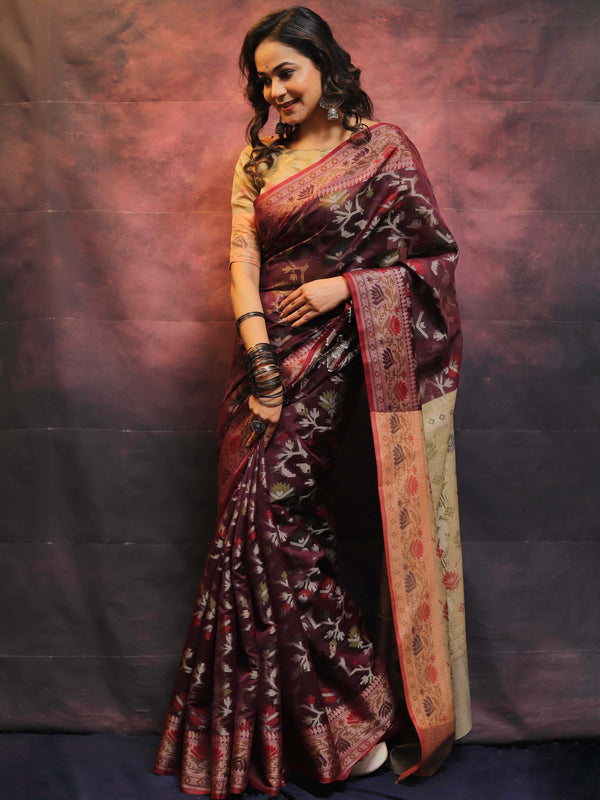 Banarasee Cotton Silk Jamdani Saree With Resham & Zari Design-Wine