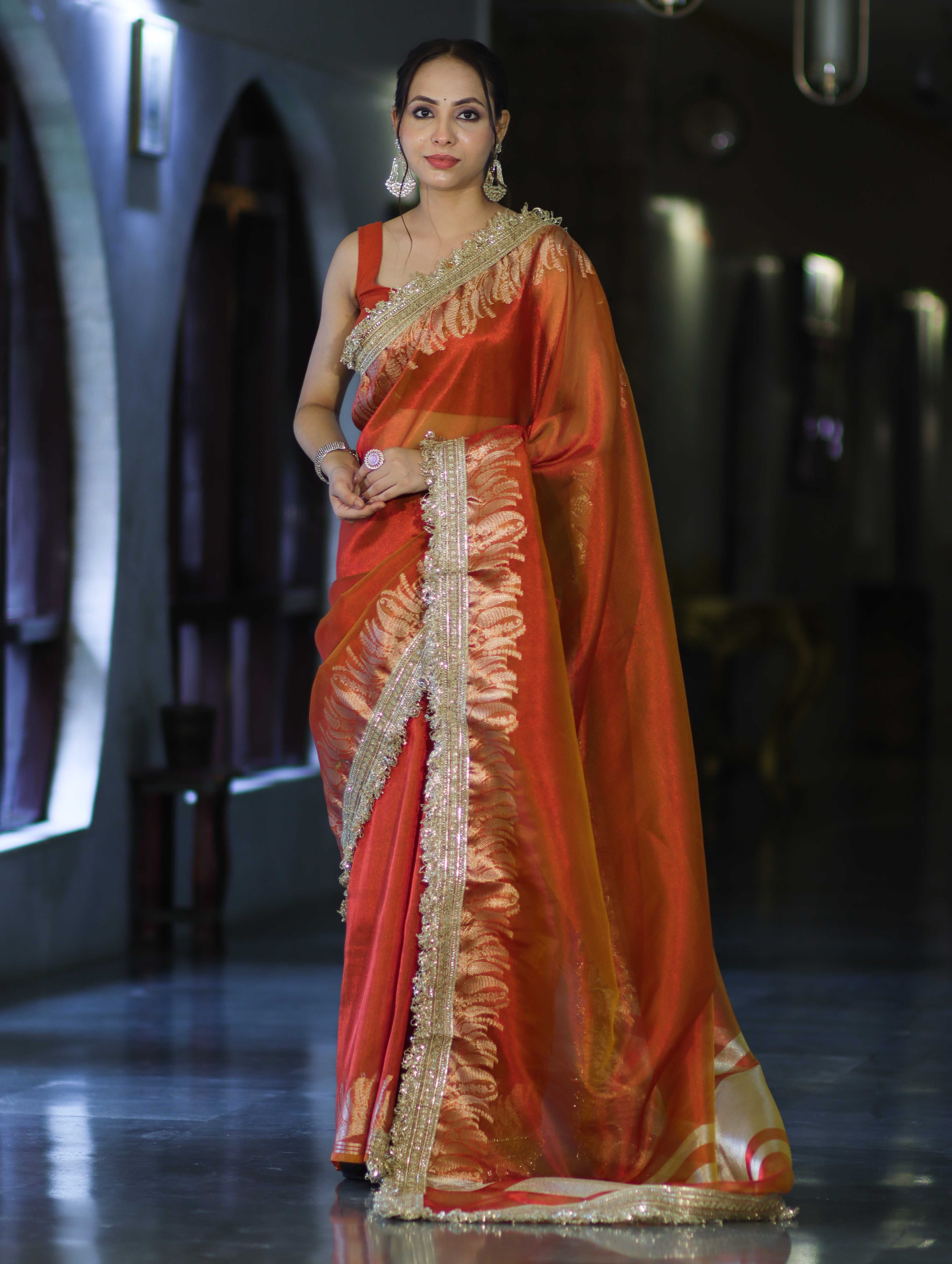 Banarasee Handloom Plain Tissue Saree With Zari Border & Lace-Rust