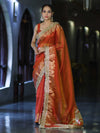 Banarasee Handloom Plain Tissue Saree With Zari Border & Lace-Rust