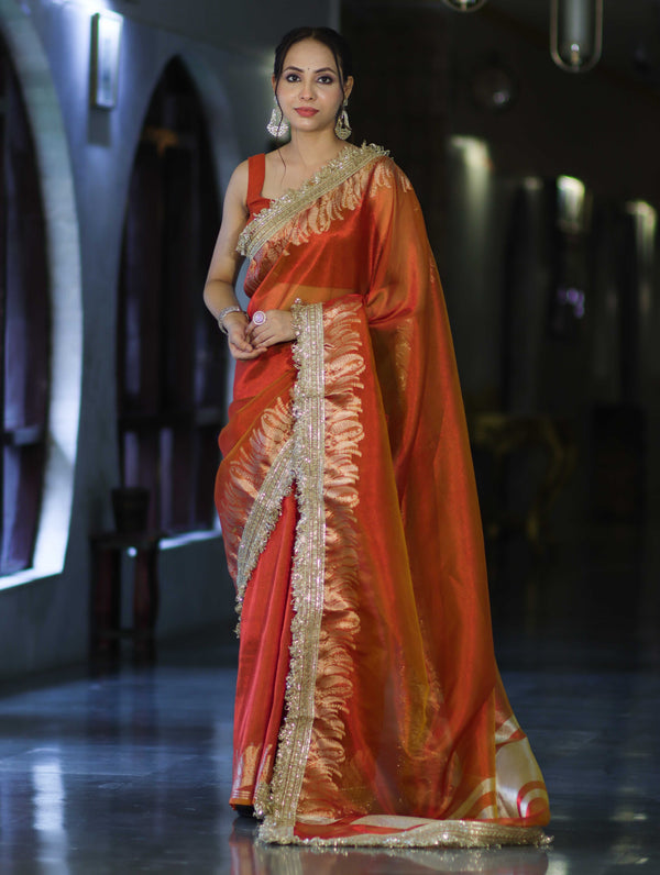 Banarasee Handloom Plain Tissue Saree With Zari Border & Lace-Rust