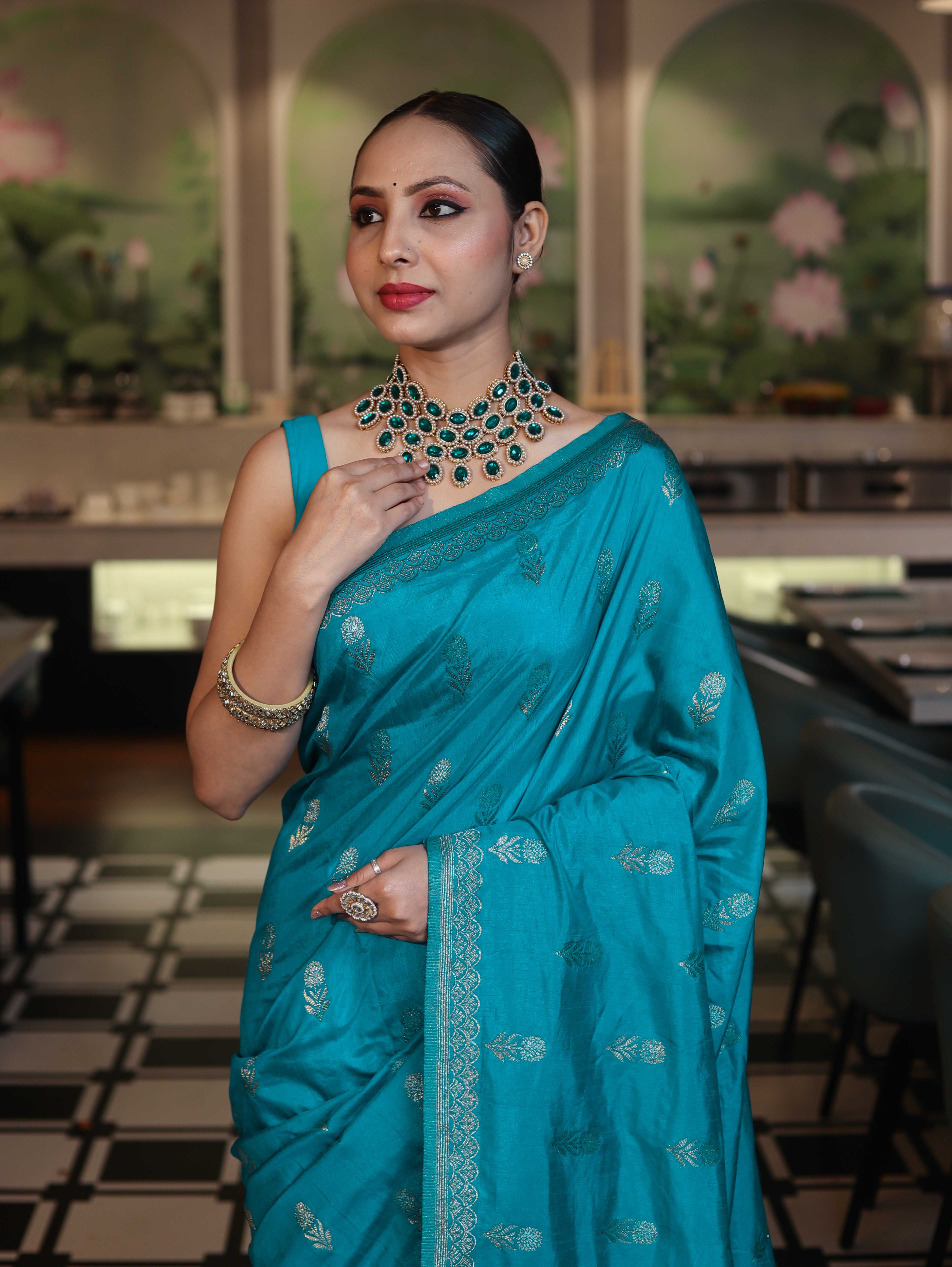 Banarasee Handloom Semi Silk Saree With Sona Rupa Zari Work & Border-Turquoise Blue