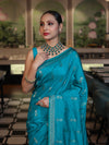 Banarasee Handloom Semi Silk Saree With Sona Rupa Zari Work & Border-Turquoise Blue