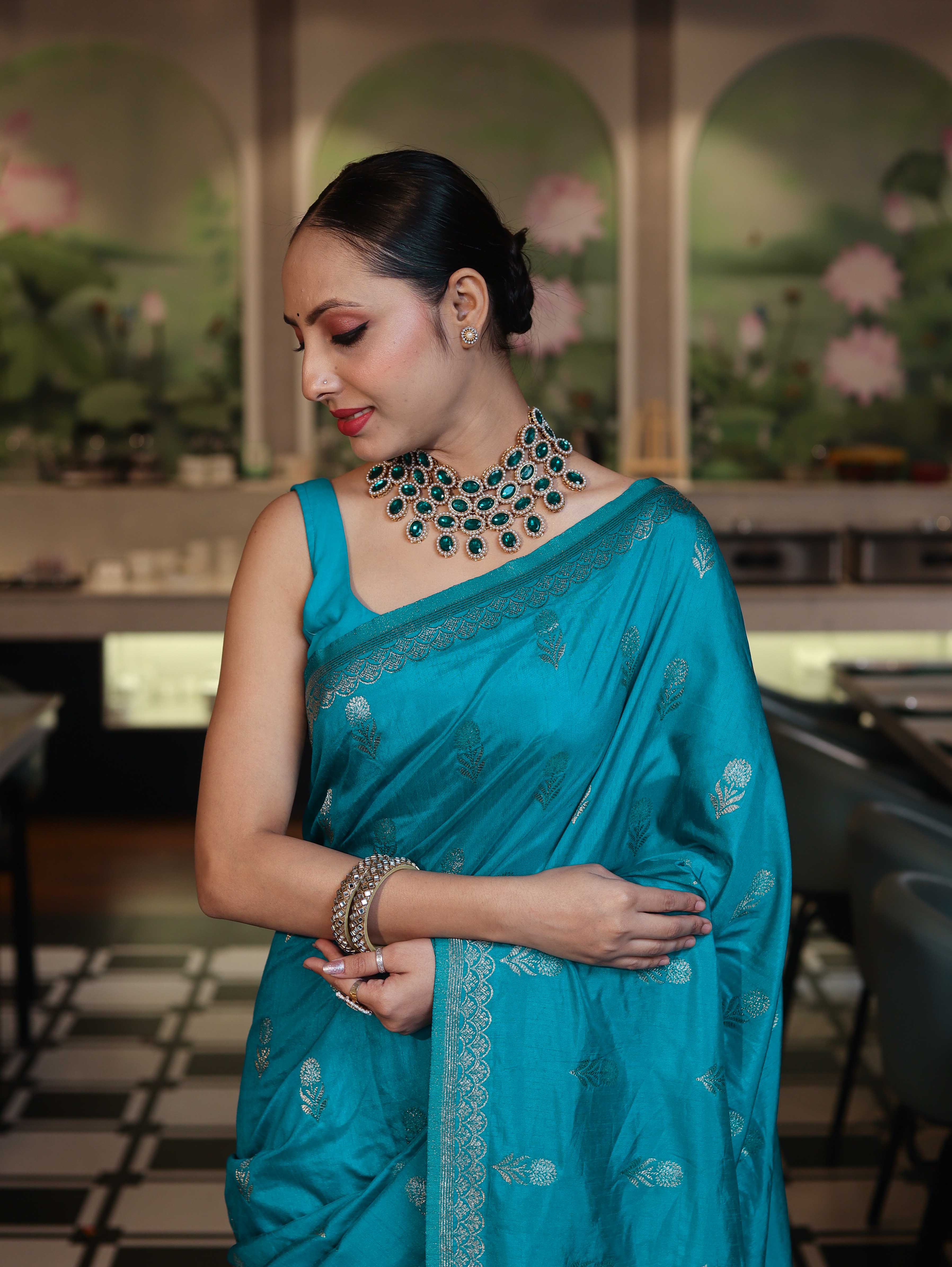 Banarasee Handloom Semi Silk Saree With Sona Rupa Zari Work & Border-Turquoise Blue