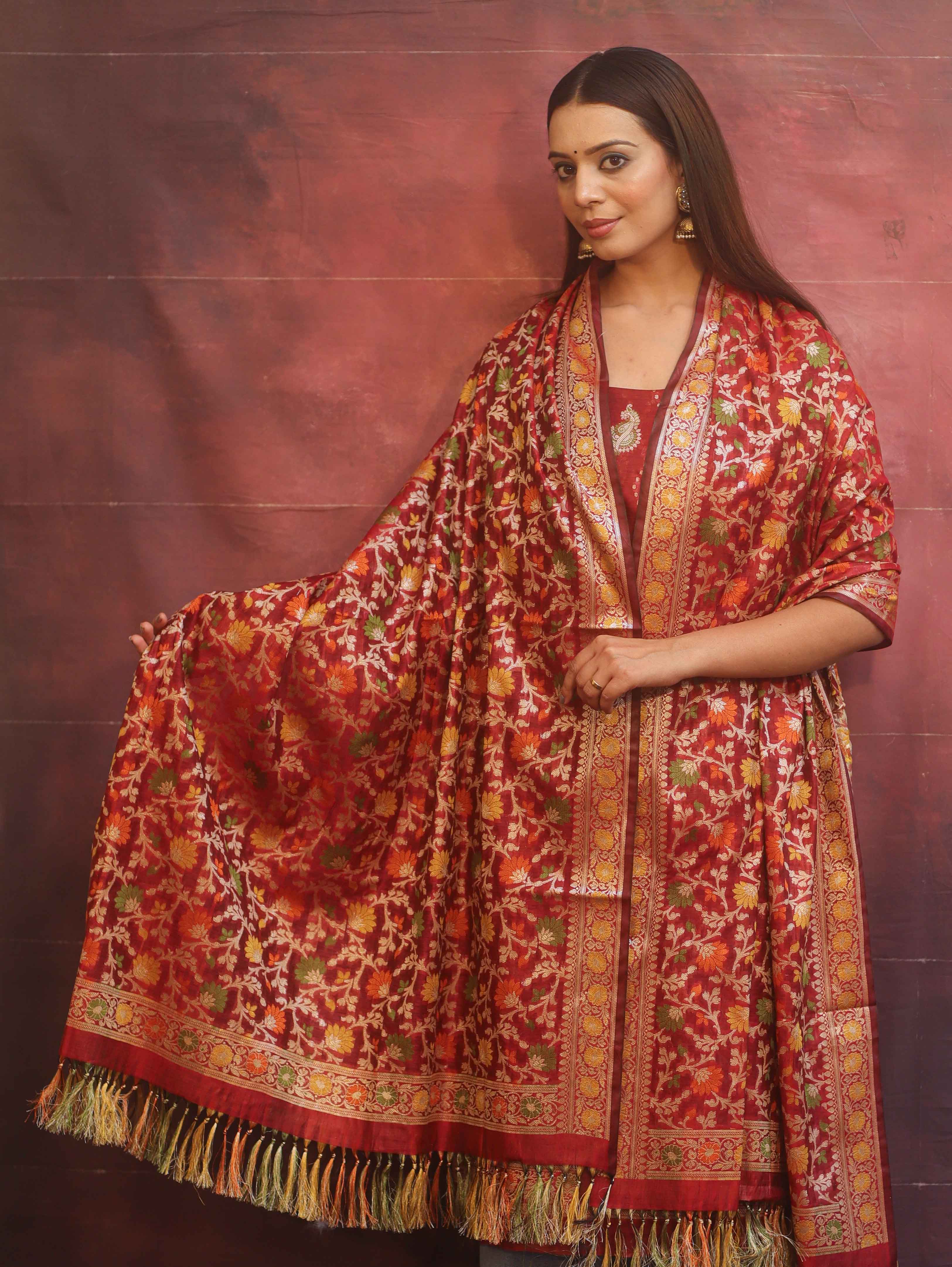 Banarasee Cotton Silk Resham Work Salwar Kameez Fabric With Dupatta-Maroon