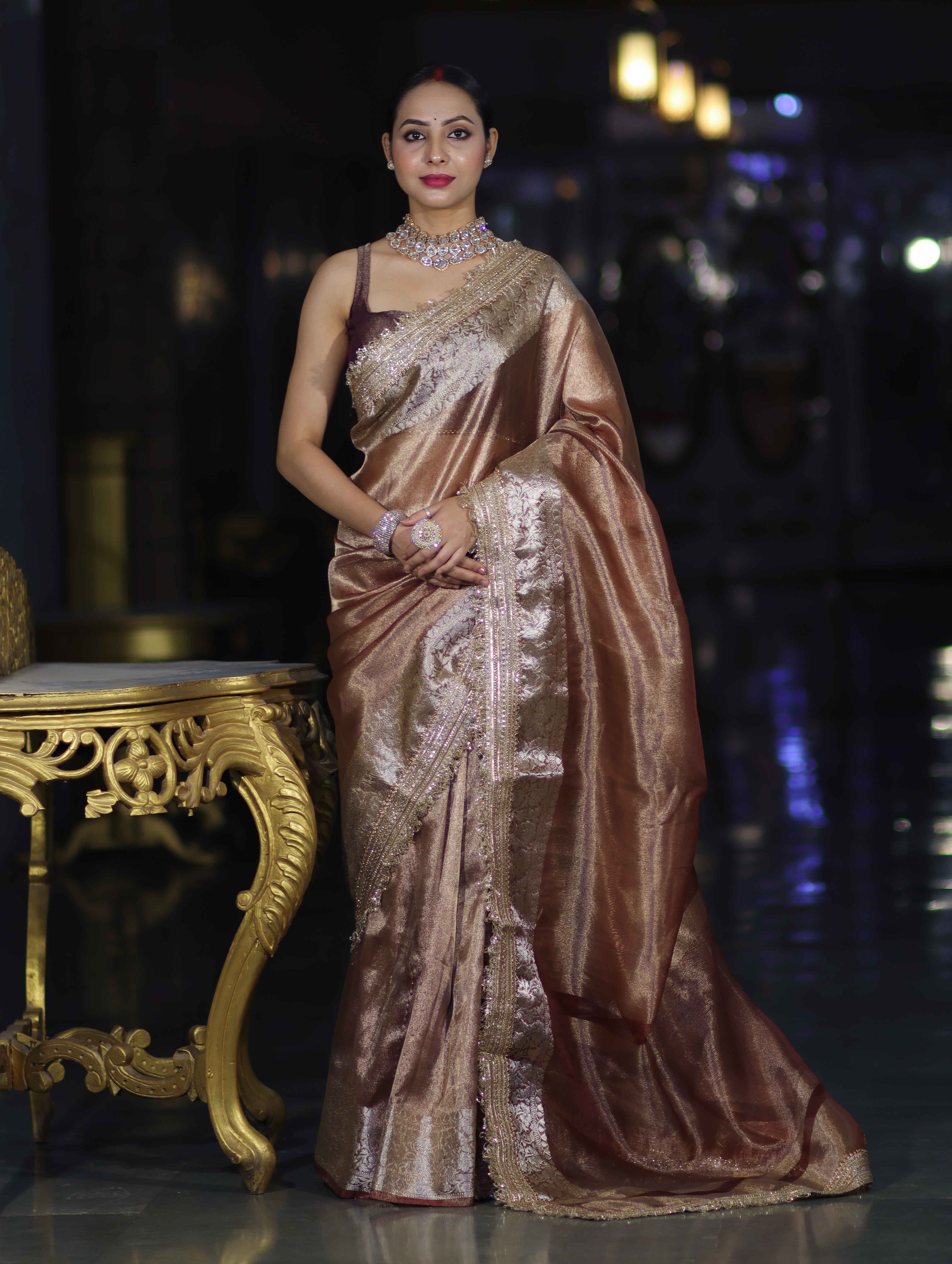 Banarasee Handwoven Plain Tissue Saree With Zari Border & Lace-Light Brown