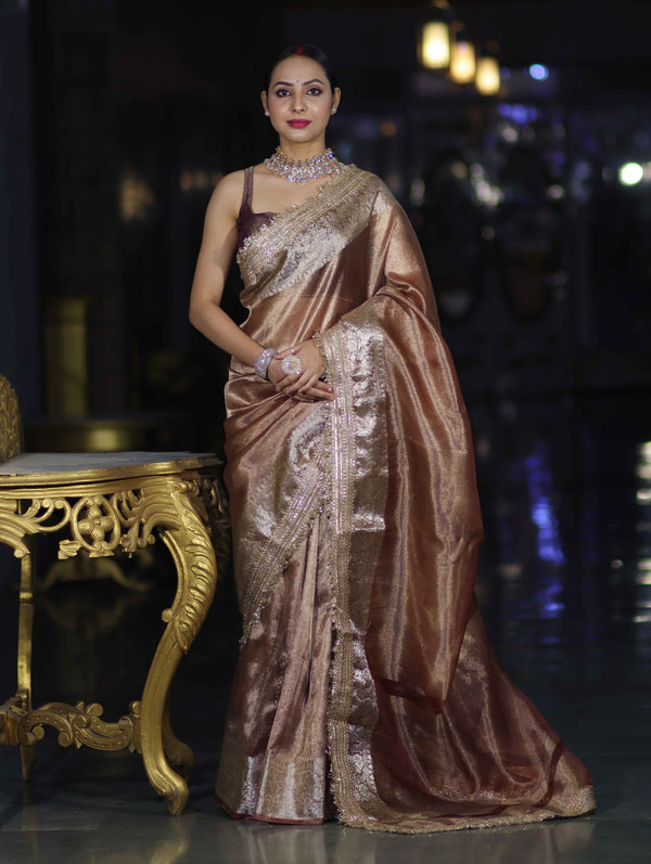 Banarasee Handwoven Plain Tissue Saree With Zari Border & Lace-Light Brown