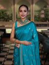 Banarasee Handloom Semi Silk Saree With Sona Rupa Zari Work & Border-Turquoise Blue