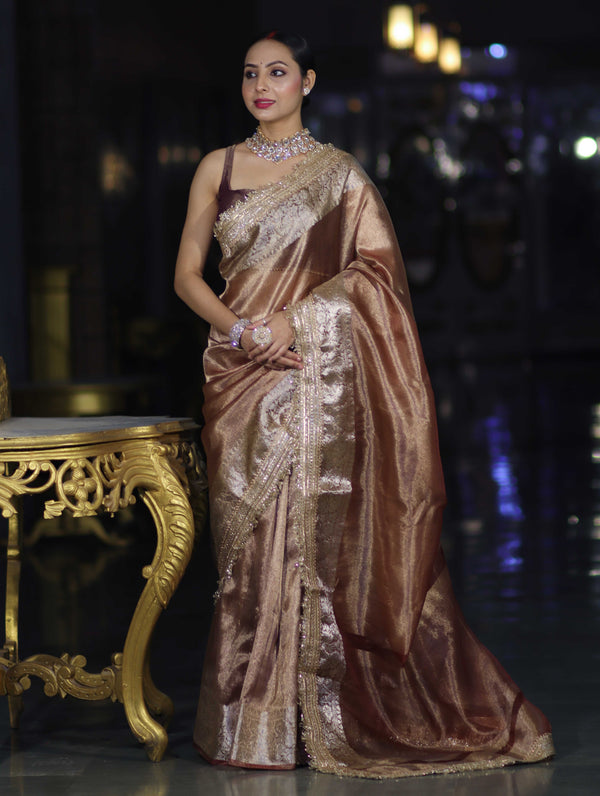Banarasee Handwoven Plain Tissue Saree With Zari Border & Lace-Light Brown