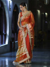 Banarasee Handloom Plain Tissue Saree With Zari Border & Lace-Rust
