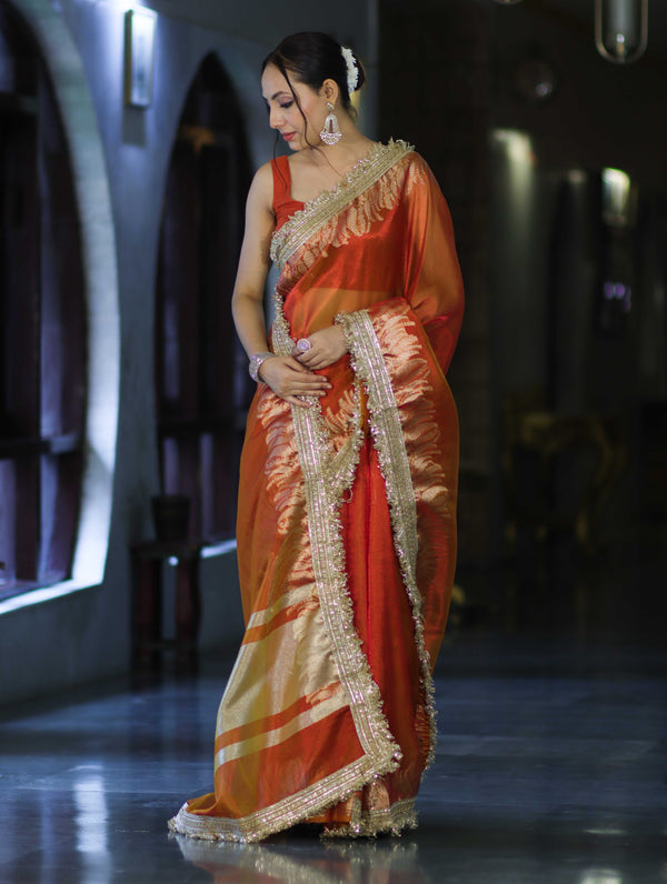 Banarasee Handloom Plain Tissue Saree With Zari Border & Lace-Rust