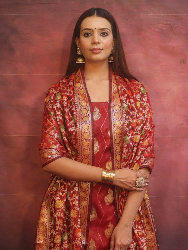 Banarasee Cotton Silk Resham Work Salwar Kameez Fabric With Dupatta-Maroon