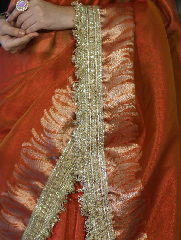 Banarasee Handloom Plain Tissue Saree With Zari Border & Lace-Rust