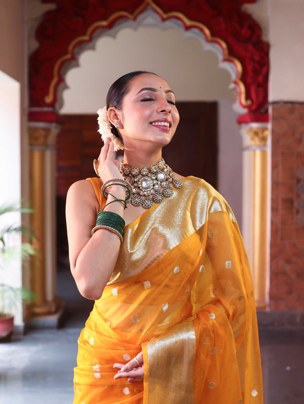 Banarasee Organza Mix Saree With Silver Zari Buti Design & Border-Mustard Yellow