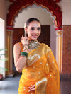Banarasee Organza Mix Saree With Silver Zari Buti Design & Border-Mustard Yellow
