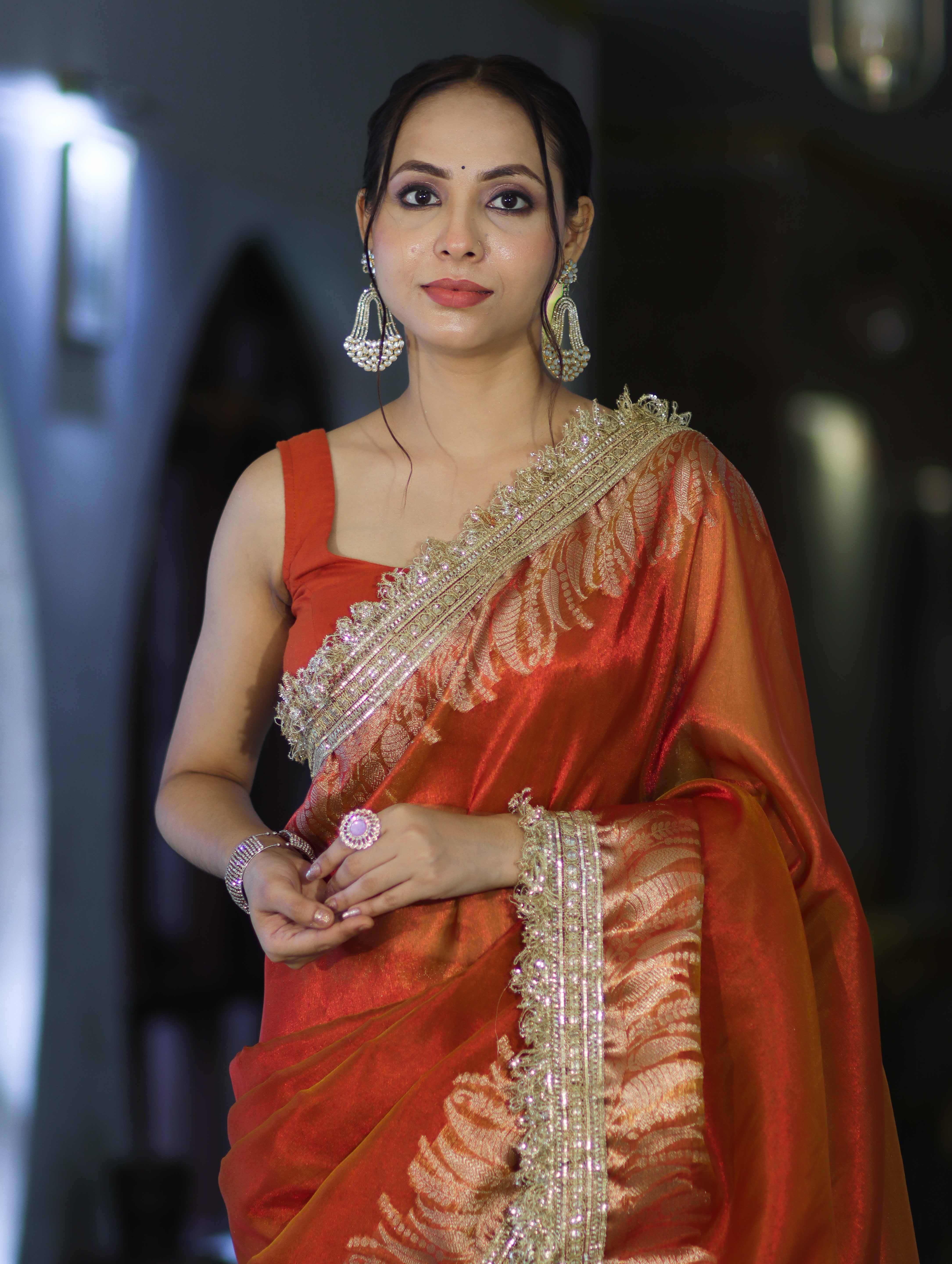 Banarasee Handloom Plain Tissue Saree With Zari Border & Lace-Rust