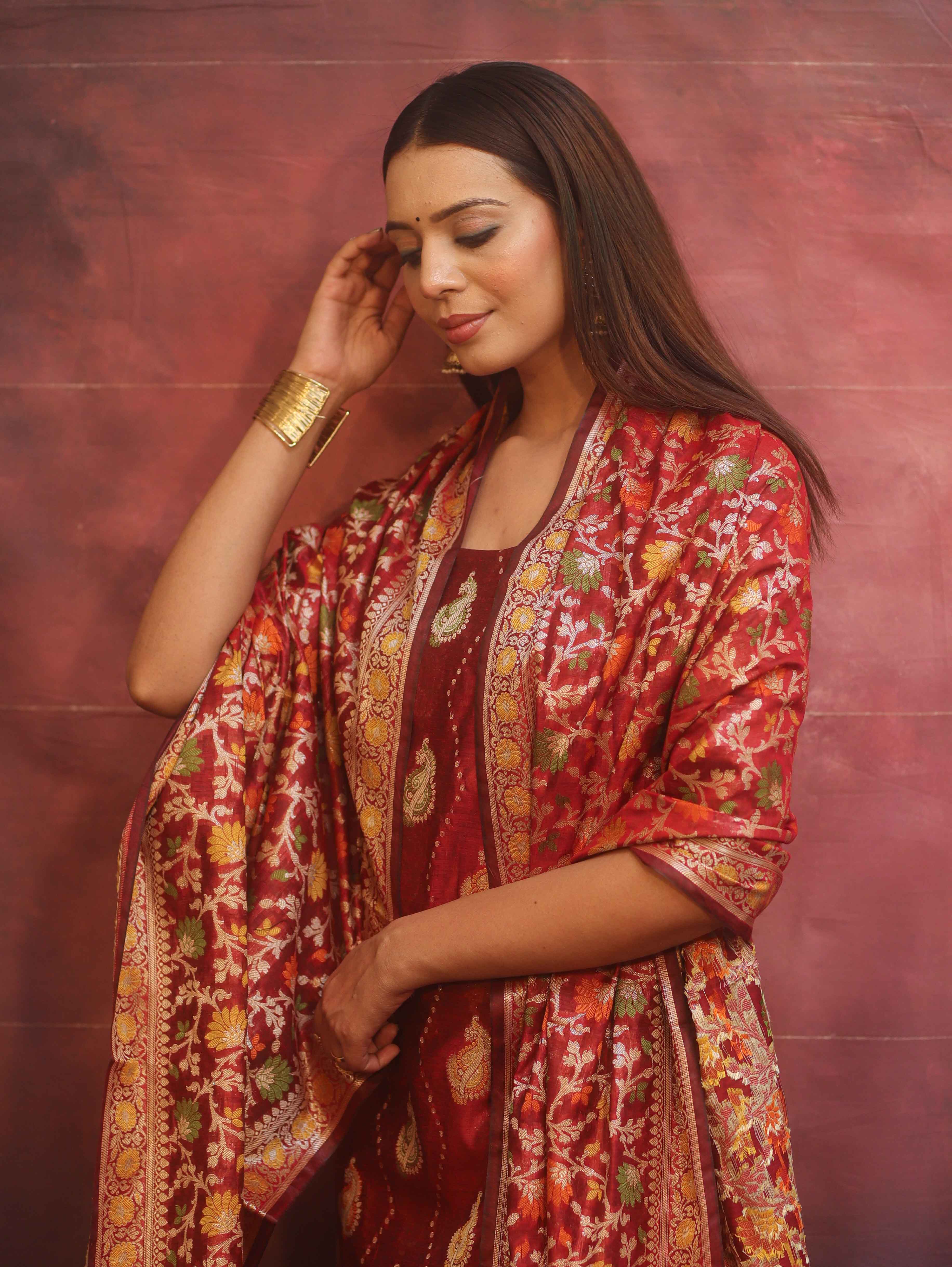 Banarasee Cotton Silk Resham Work Salwar Kameez Fabric With Dupatta-Maroon