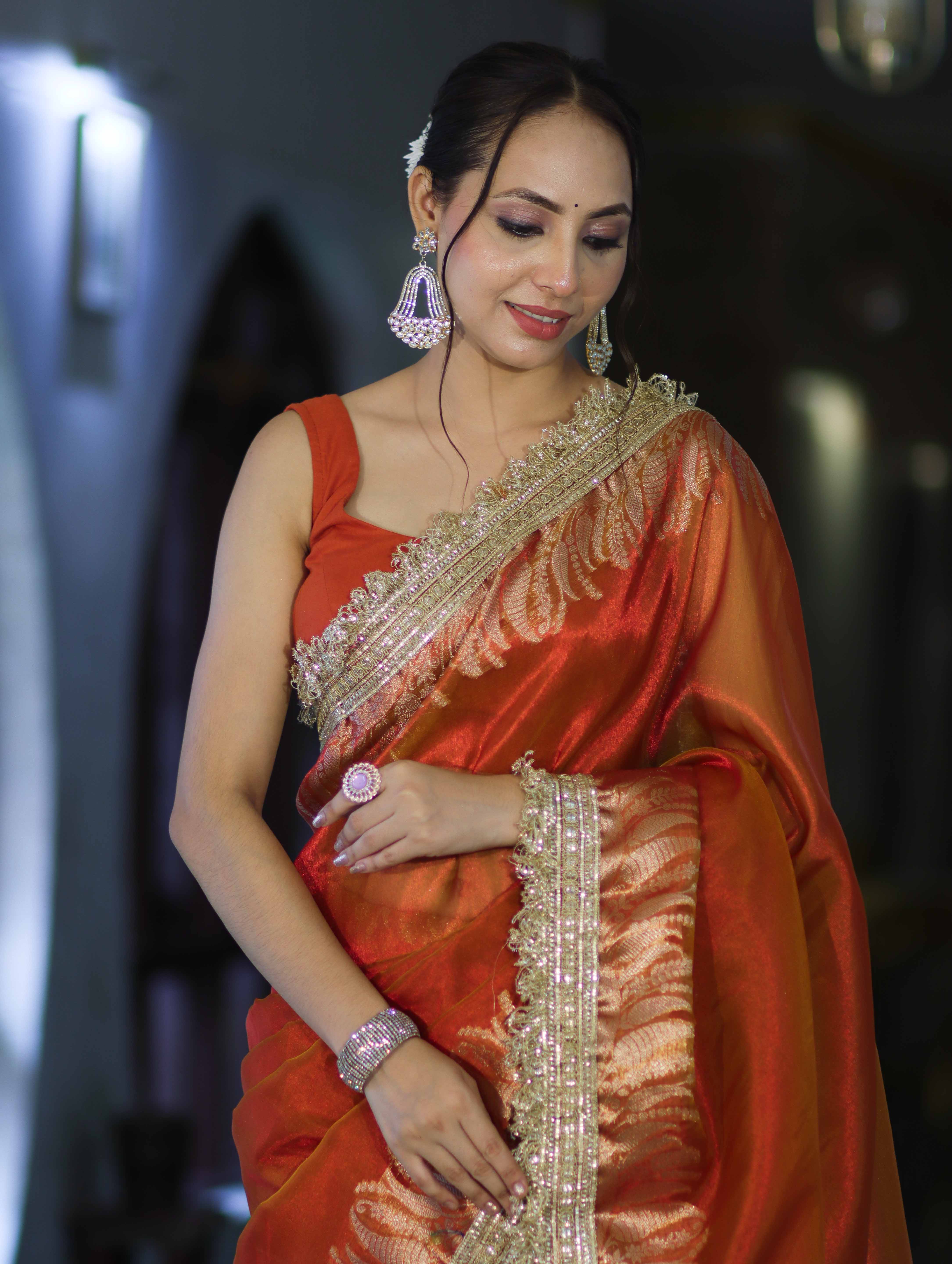 Banarasee Handloom Plain Tissue Saree With Zari Border & Lace-Rust