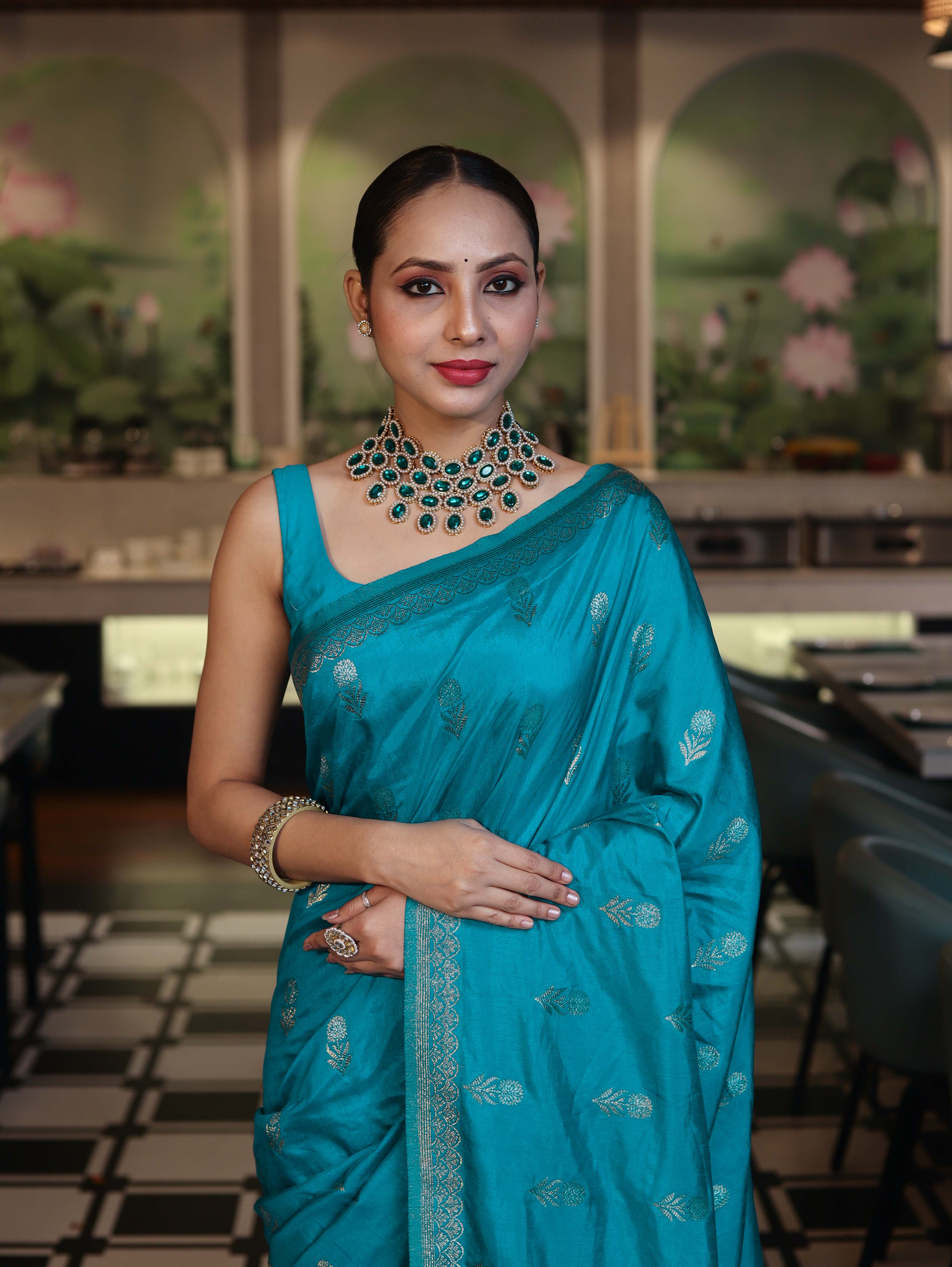 Banarasee Handloom Semi Silk Saree With Sona Rupa Zari Work & Border-Turquoise Blue