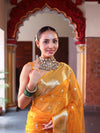Banarasee Organza Mix Saree With Silver Zari Buti Design & Border-Mustard Yellow