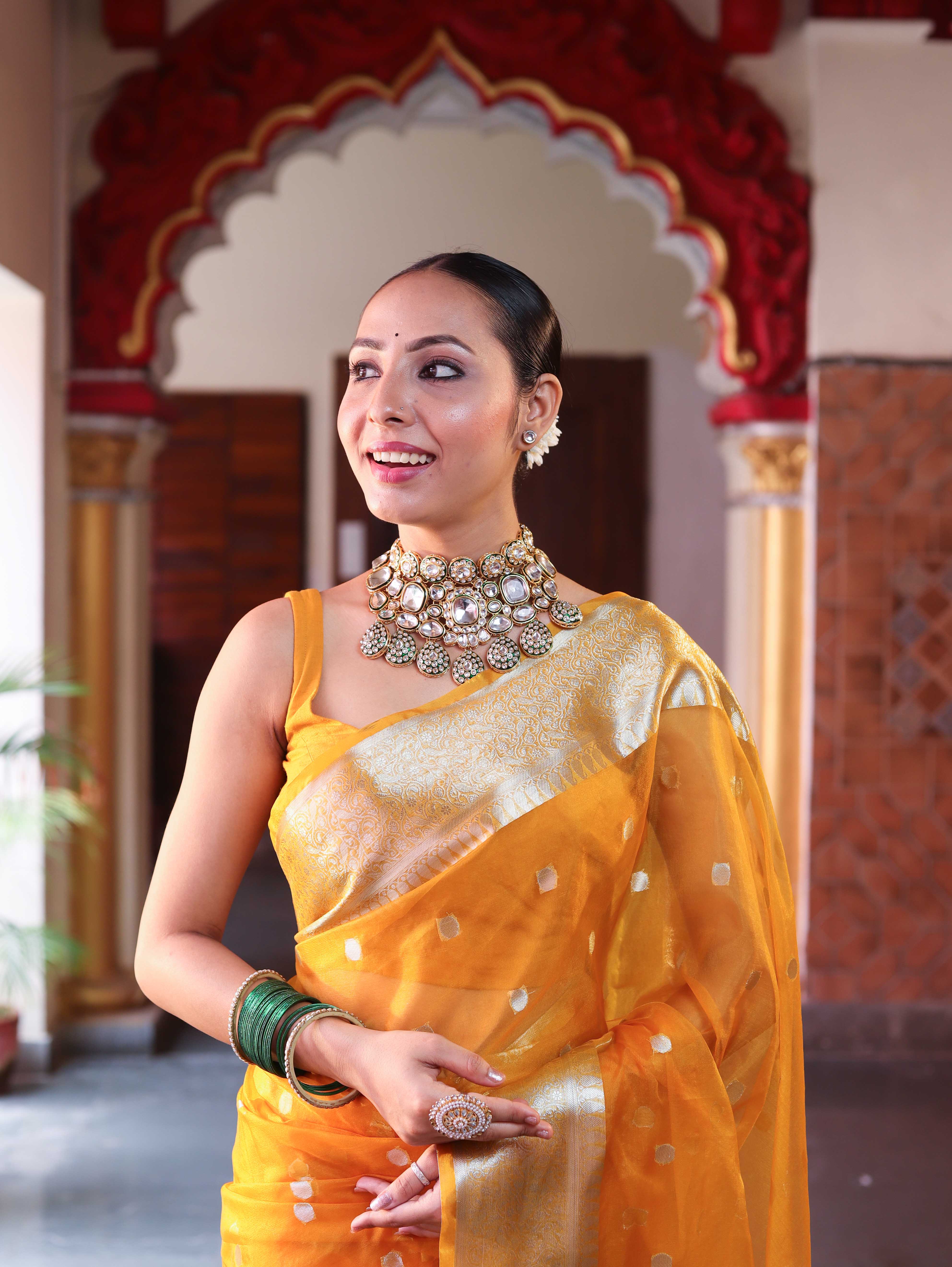 Banarasee Organza Mix Saree With Silver Zari Buti Design & Border-Mustard Yellow